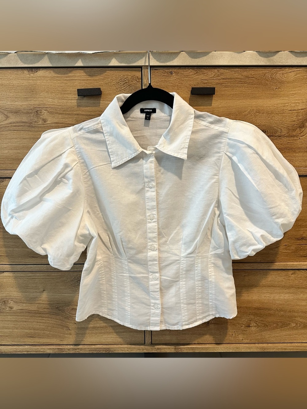 Express Linen Blend White Puff-Sleeve Corset Button-Down Blouse Size S